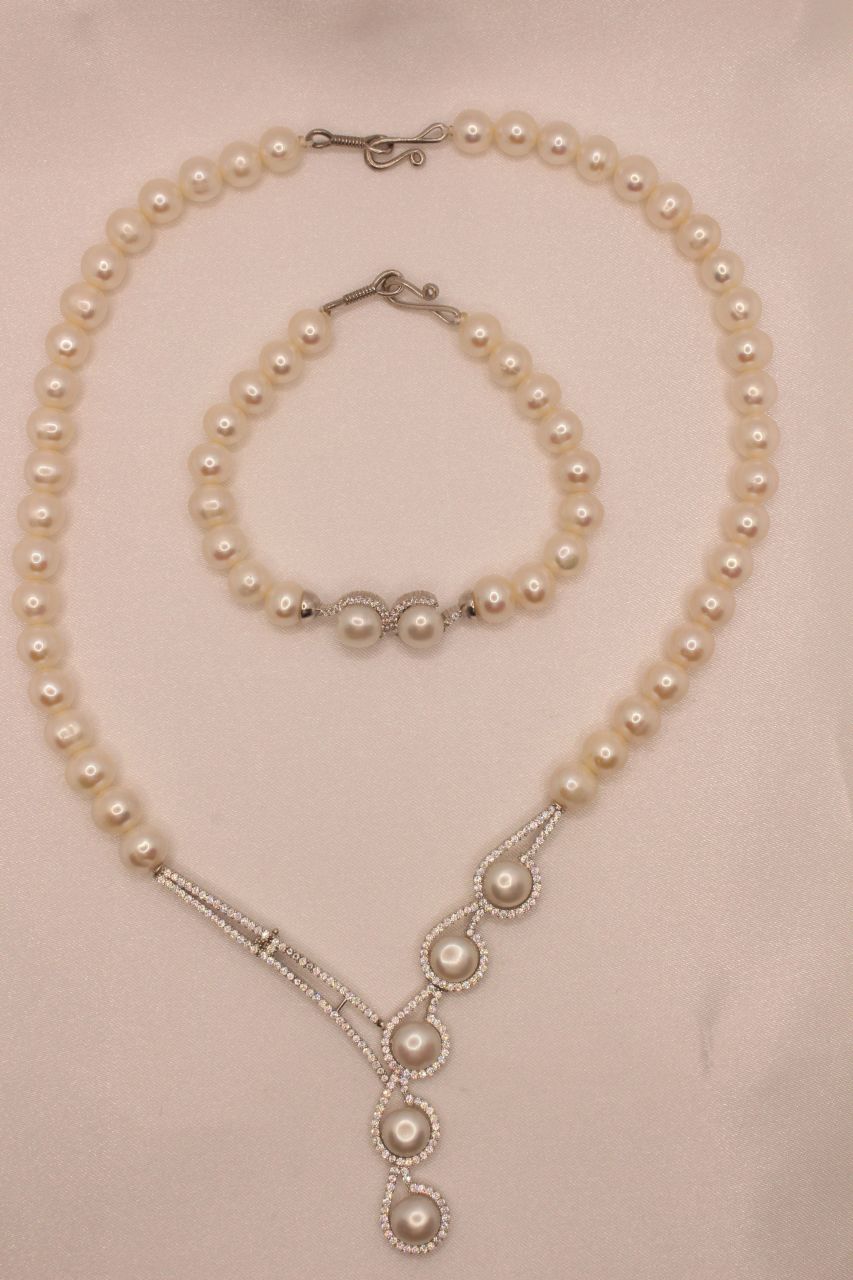Gümüş Gerçek İnci Kolye Bileklik Set Classic Serisi 5015